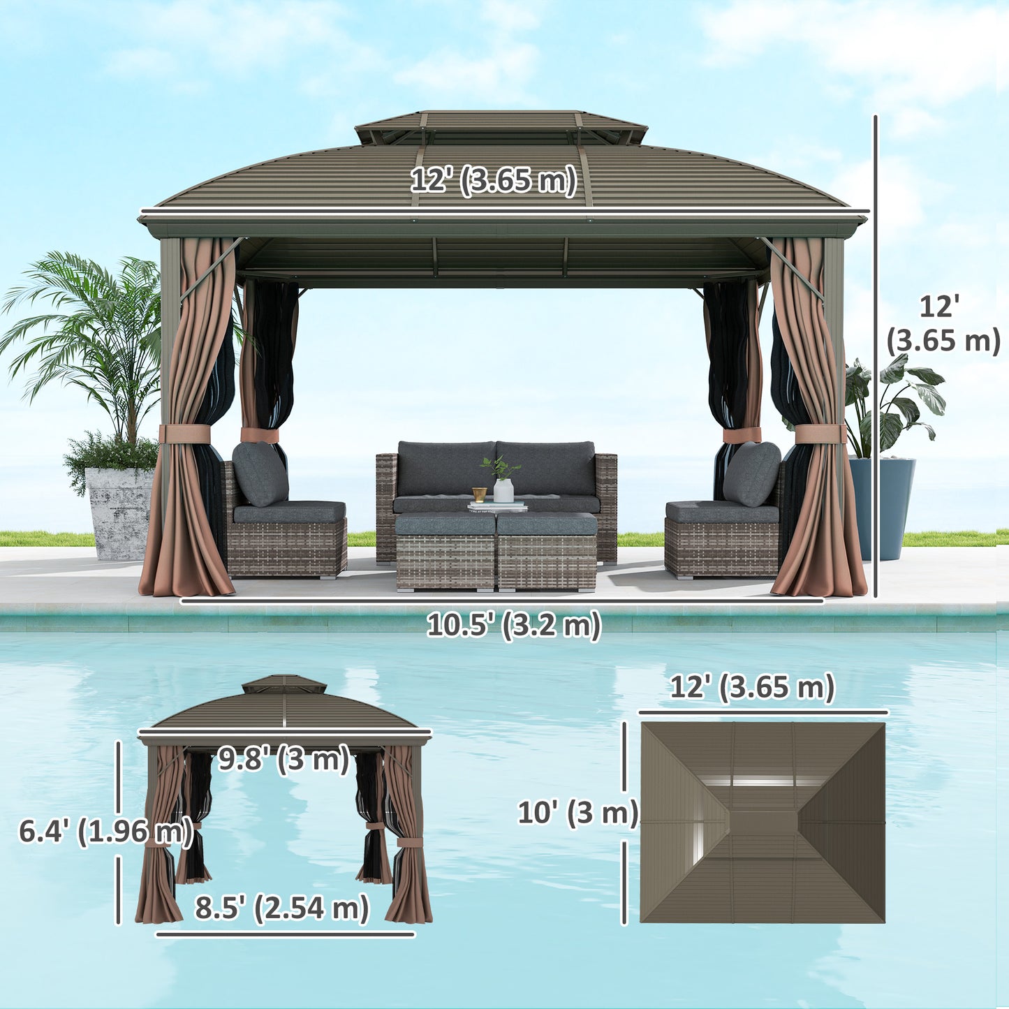 10' x 12' Hardtop Gazebo Canopy with Double Roof, Netting and Curtains for Garden, Backyard, Deck, Coffee
