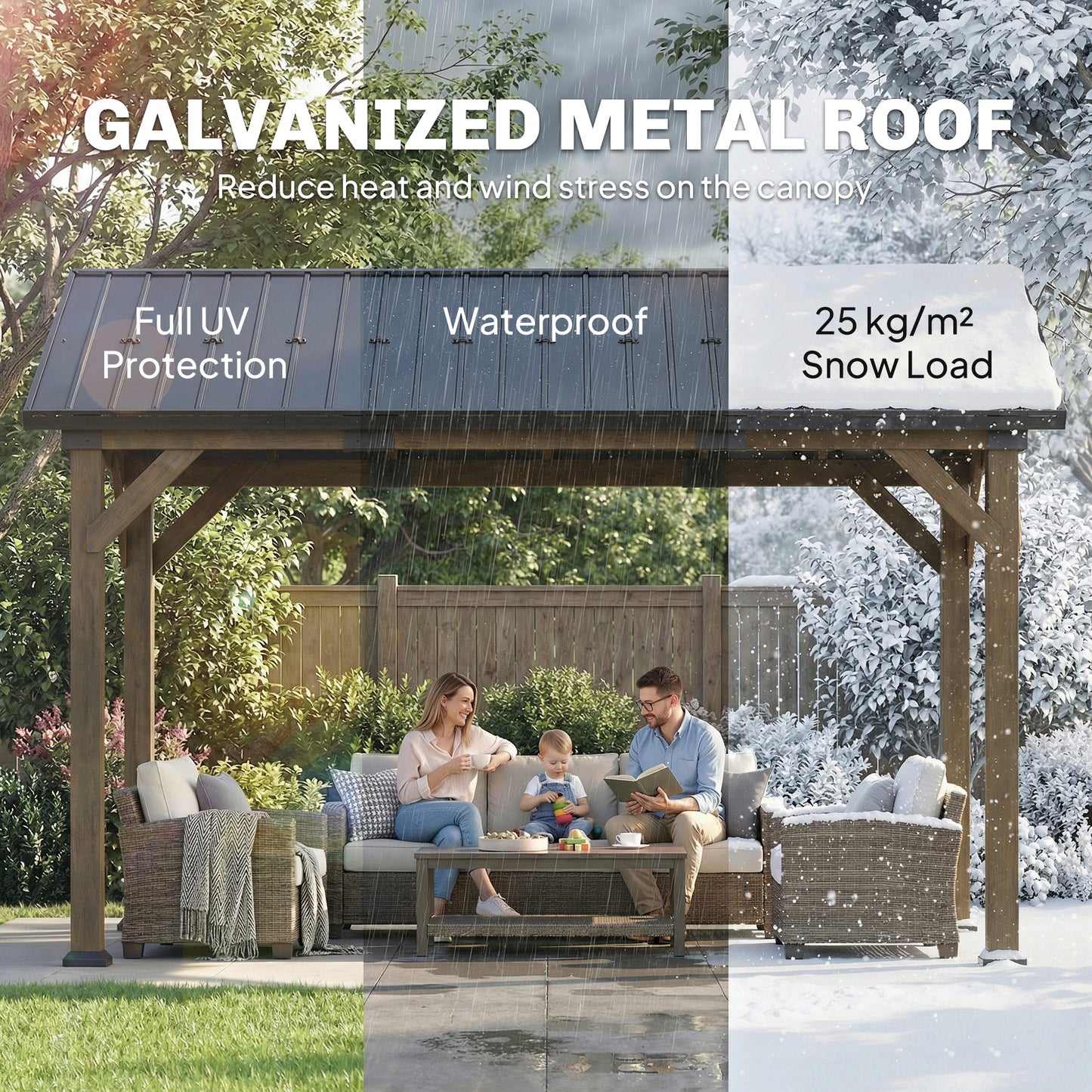 13' x 11' Hardtop Gazebo Canopy with Galvanised Metal Roof, Fir Wood Frame and Central Hook for Patio, Black Grey