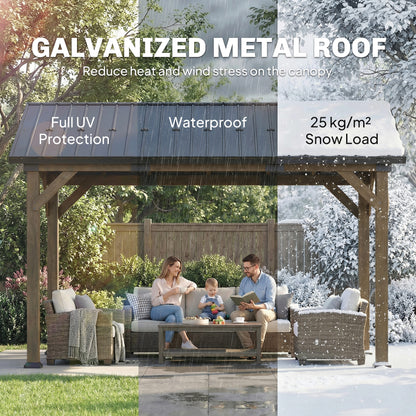 13' x 11' Hardtop Gazebo Canopy with Galvanised Metal Roof, Fir Wood Frame and Central Hook for Patio, Black Grey