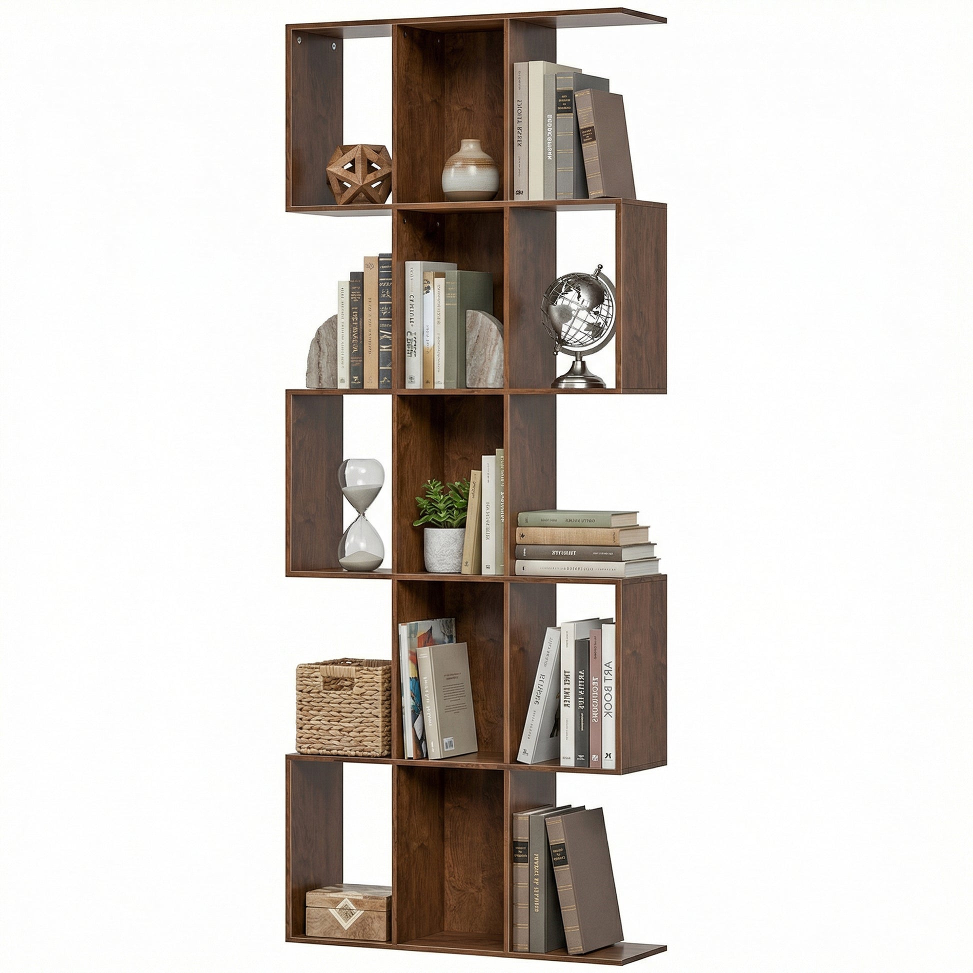 5-Tier Bookshelf, S Shaped Geometric Bookcase with 15 Compartments, Brown Wood Grain