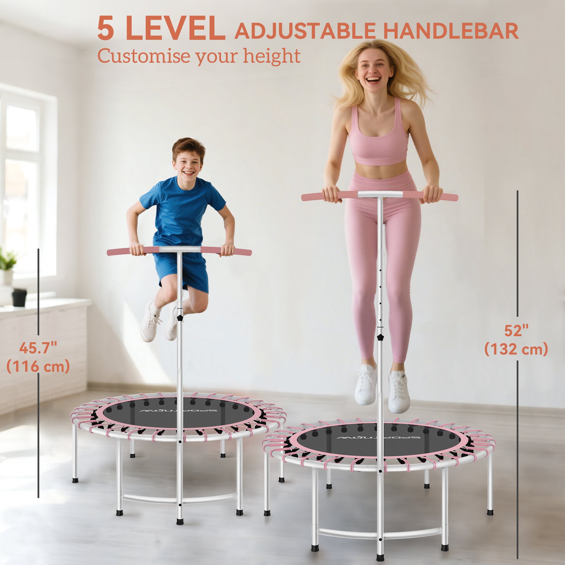 Soozier 40" Foldable Rebounder Trampoline ,Mini Trampoline Indoor with Adjustable Handle, Quiet and Safe Bungee Rebounder, Pink