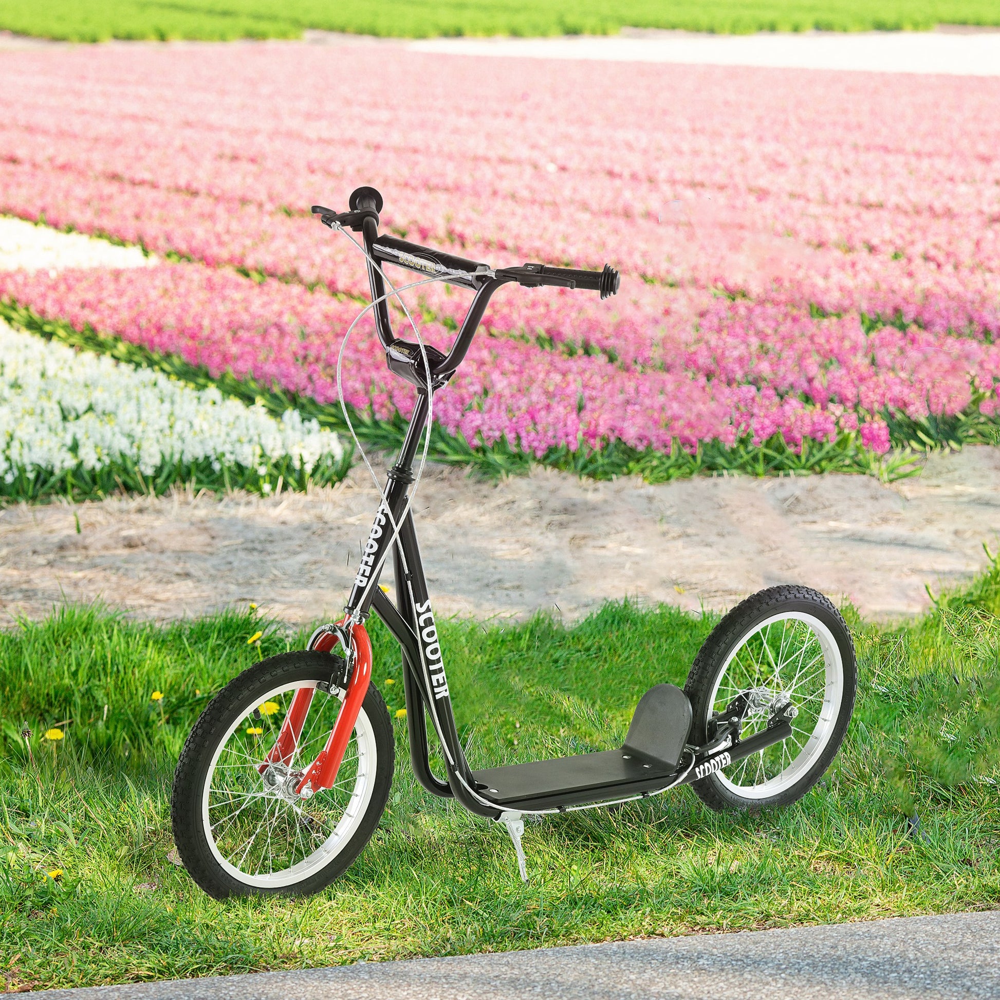 Aosom Kids Kick Scooter for 5+ Year Old, Kids Ride on Toy w/ 16'' Inflatable Wheel Dual Brakes, Black