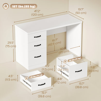 Computer Desk with 3 Drawers, 47" Home Office Desk with Adjustable Hanging Rails for Letter A4 Files, White