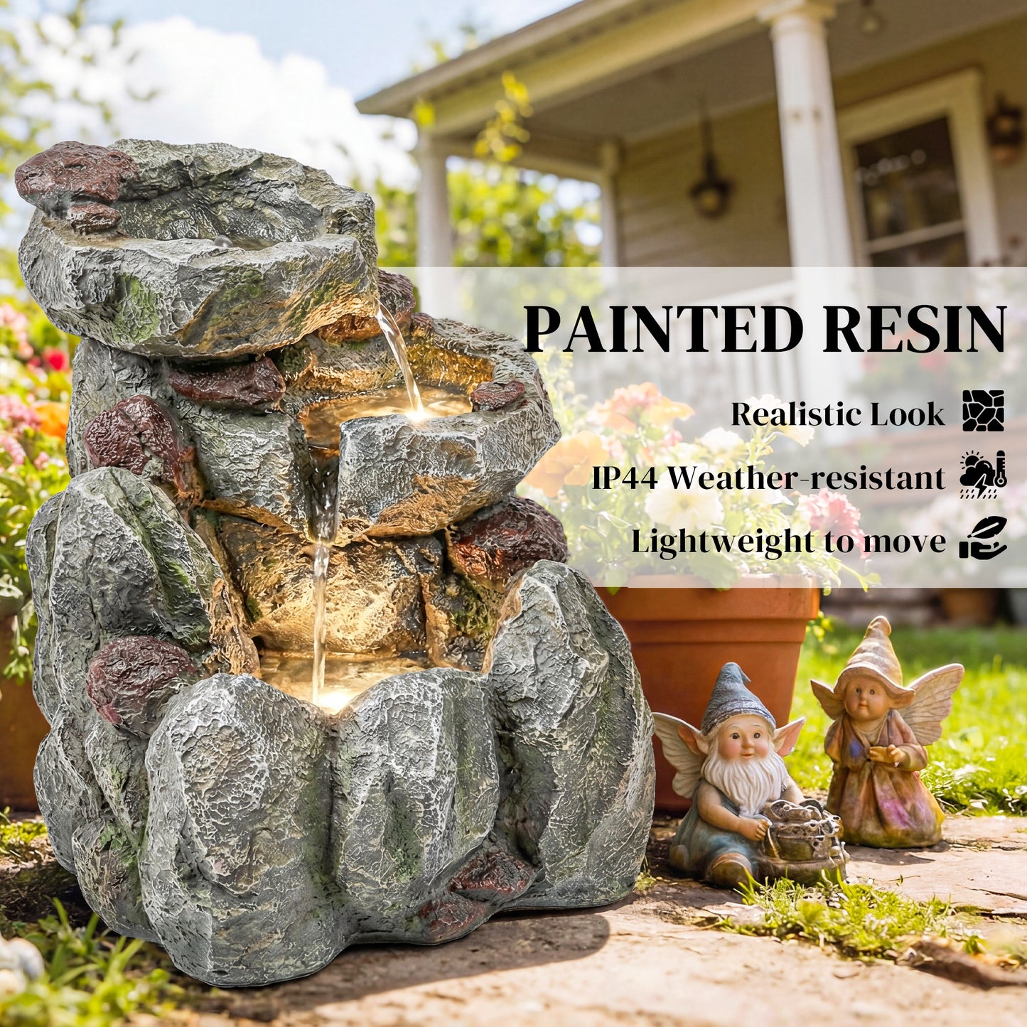Outdoor Fountain with LED Lights Adjustable Flow Cascading Waterfall 3-Tier Rustic Rock Look Grey