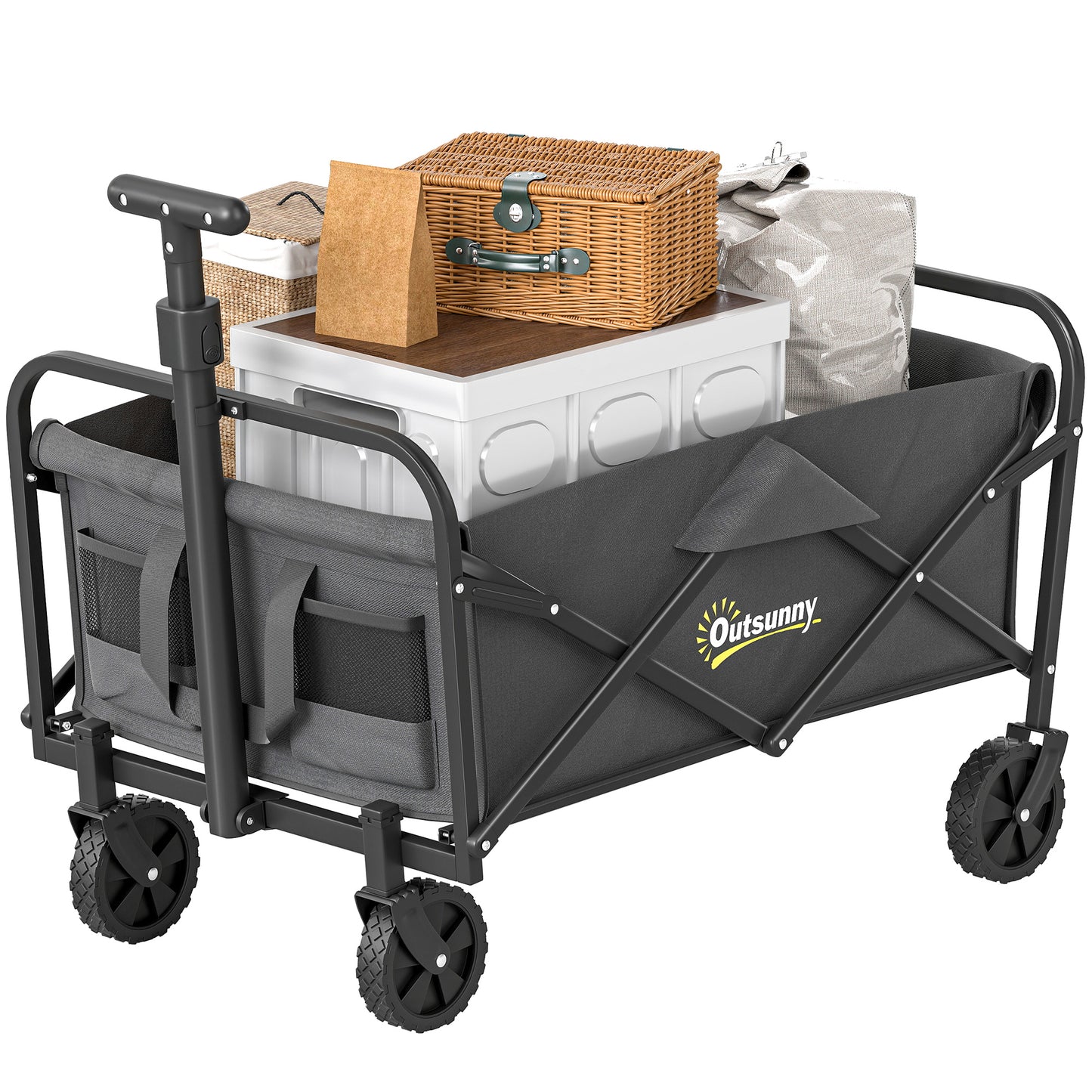 Collapsible Folding Garden Cart, Heavy Duty Lawn Wagon with Universal Wheels and Adjustable Handle, Grey