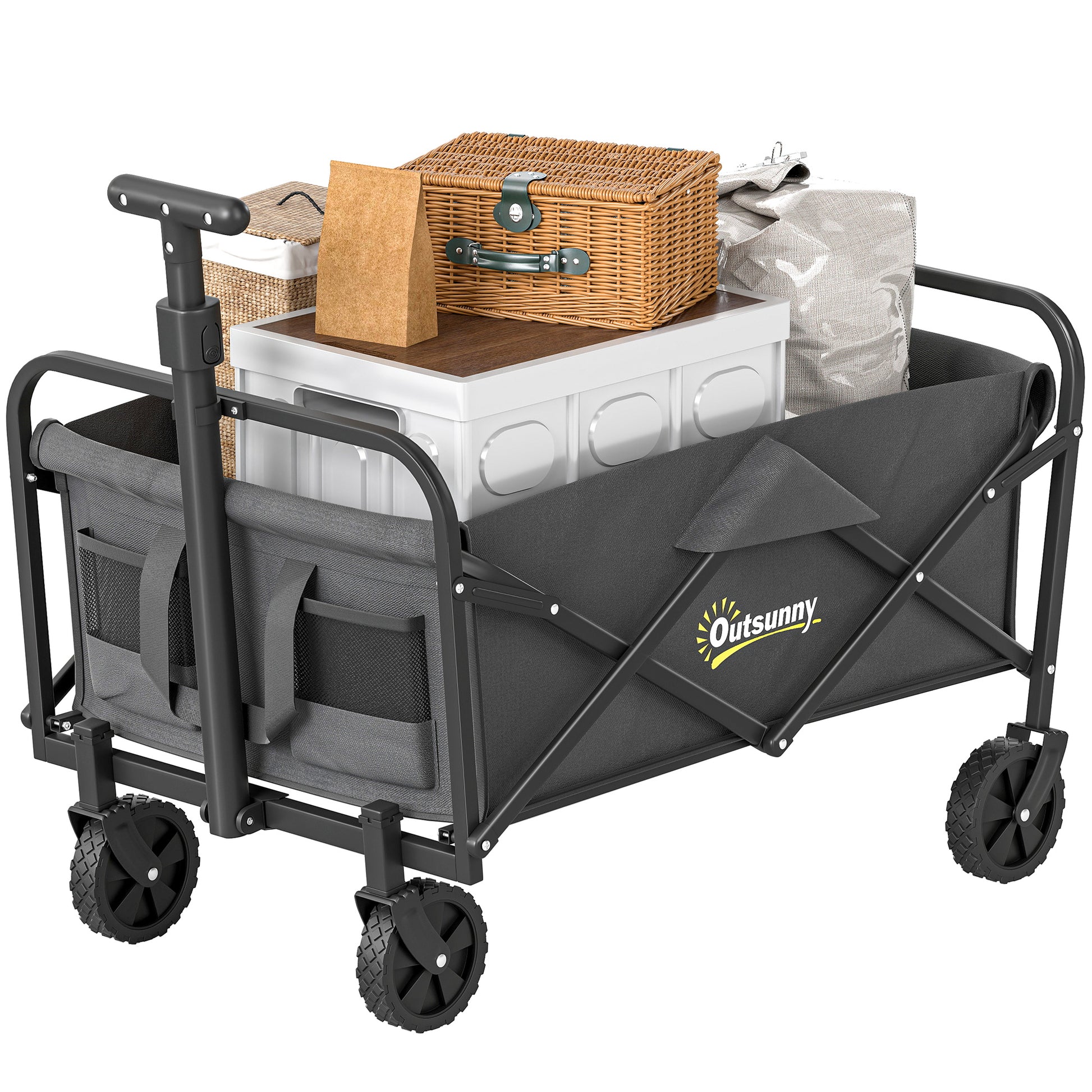 Collapsible Folding Garden Cart, Heavy Duty Lawn Wagon with Universal Wheels and Adjustable Handle, Grey