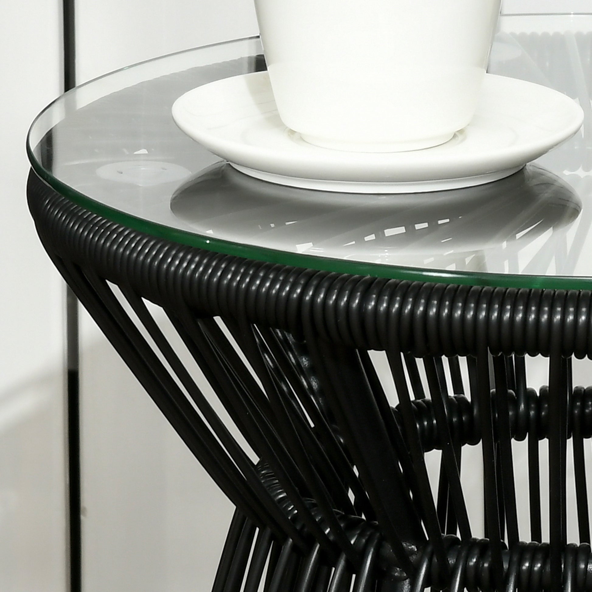 Round End Table, Rattan Side Table, Hollow Drum Design Coffee Table w/ Glass Tabletop for Patio, Garden, Balcony, Black