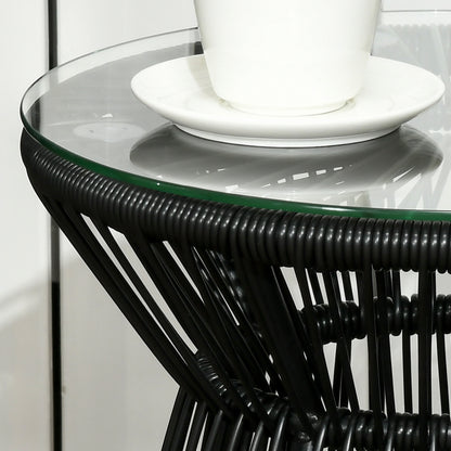Round End Table, Rattan Side Table, Hollow Drum Design Coffee Table w/ Glass Tabletop for Patio, Garden, Balcony, Black