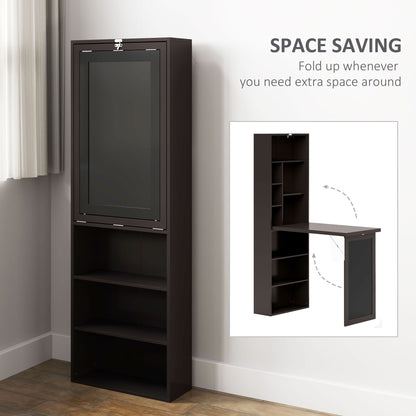 Fold-out Convertible Office Desk, Wall Mount Computer Desk with Blackboard and Side Shelf, Brown