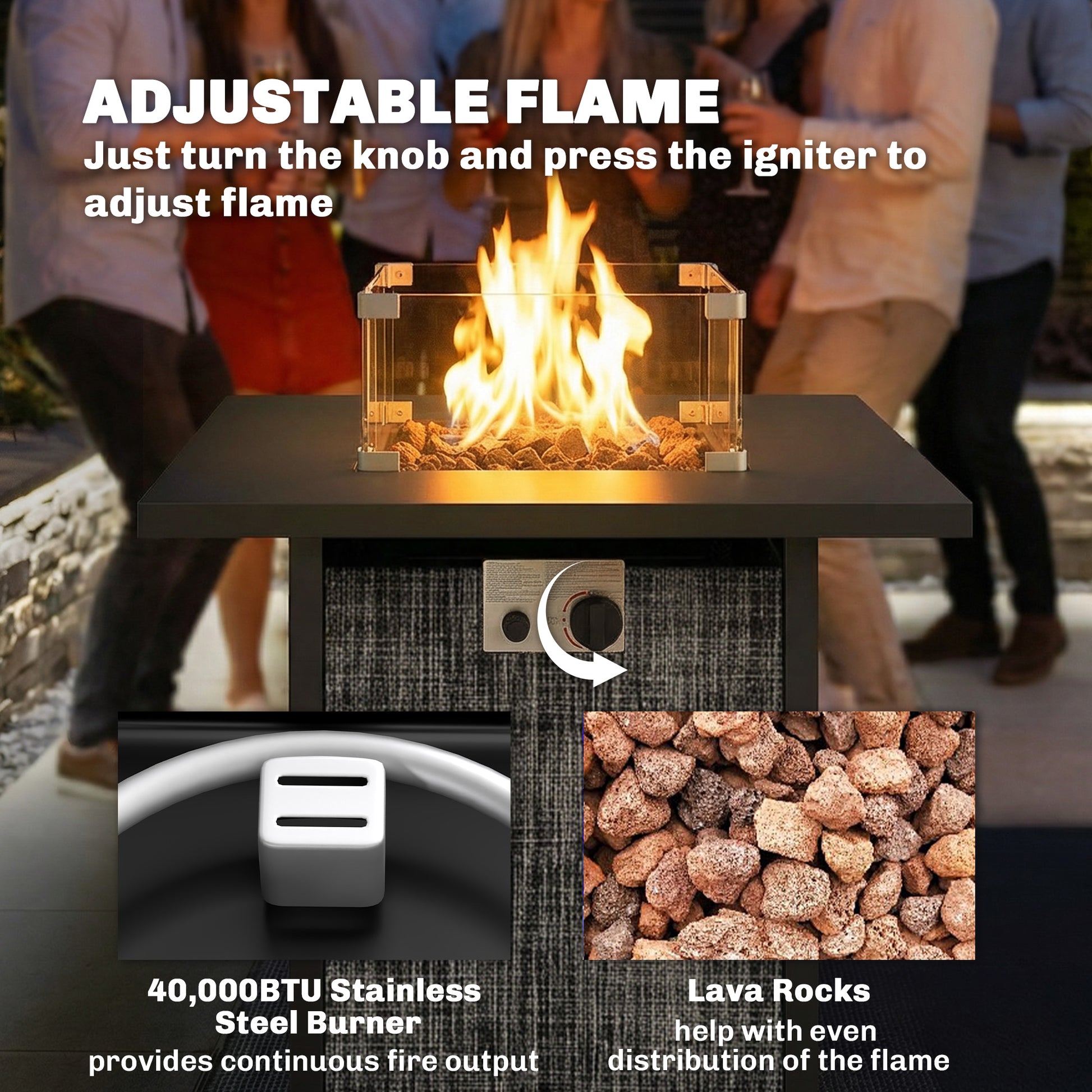 Propane Fire Pit Table, 28 Inch Gas Fire Pit with Explosion-Proof Net and Glass Wind Guard, Gas Tank Holder