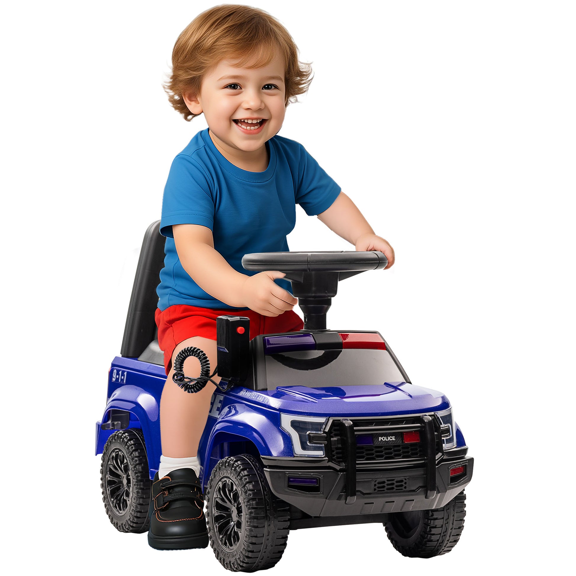 Aosom Kids Ride On Sliding Car with Hidden Under Seat Storage, Ride On Police Car for Toddler with Megaphone, Anti Dumping Device, Removable Backrest, Foot-to-Floor Design, Blue