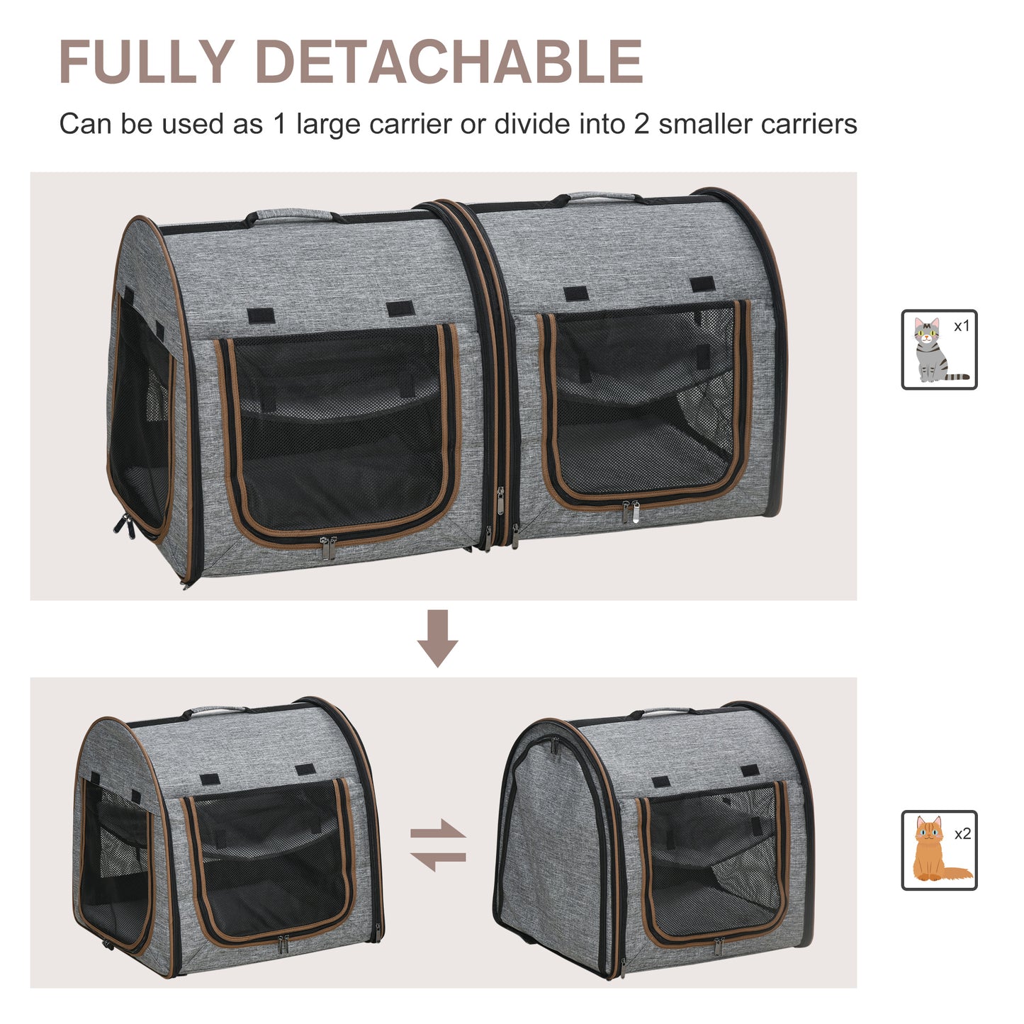 39" Travel Pet Carrier, Portable Soft-Sided Cat Carrier with Divider, Two Compartments, Cushions, & Storage Bag, Grey