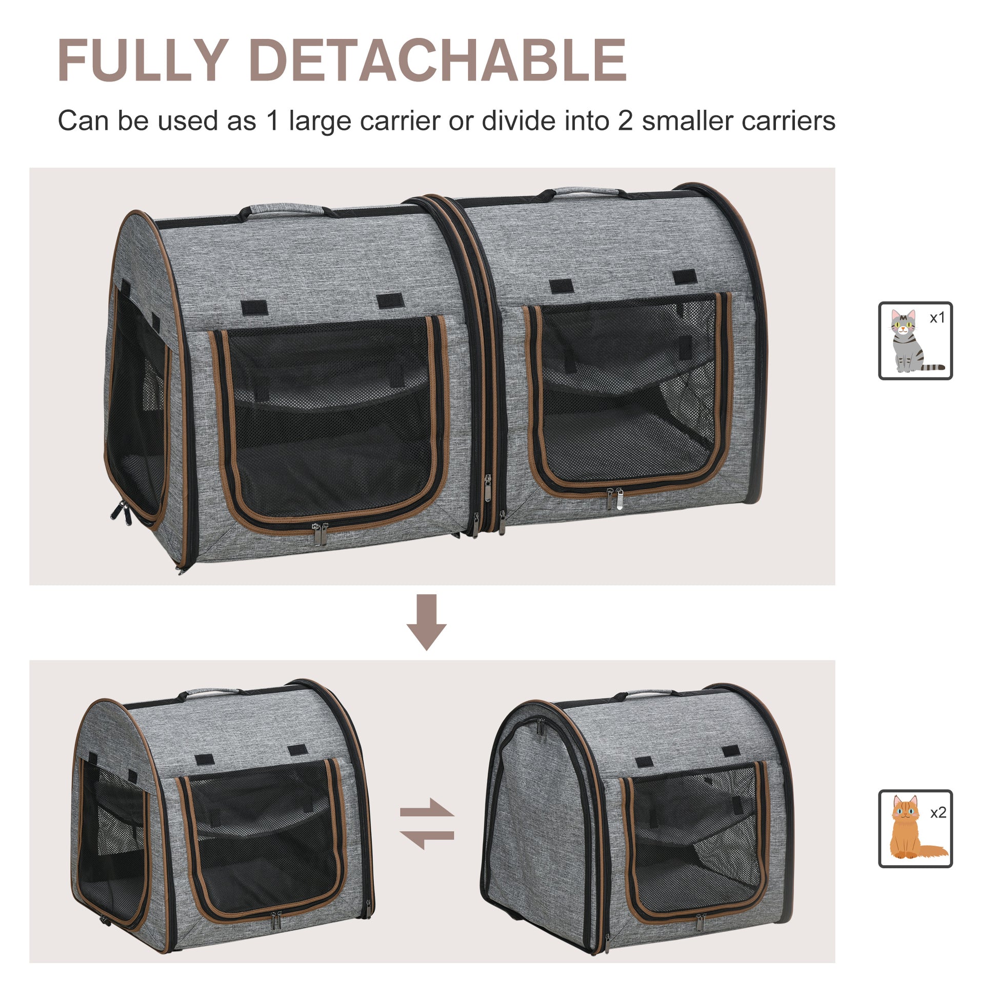 39" Travel Pet Carrier, Portable Soft-Sided Cat Carrier with Divider, Two Compartments, Cushions, & Storage Bag, Grey
