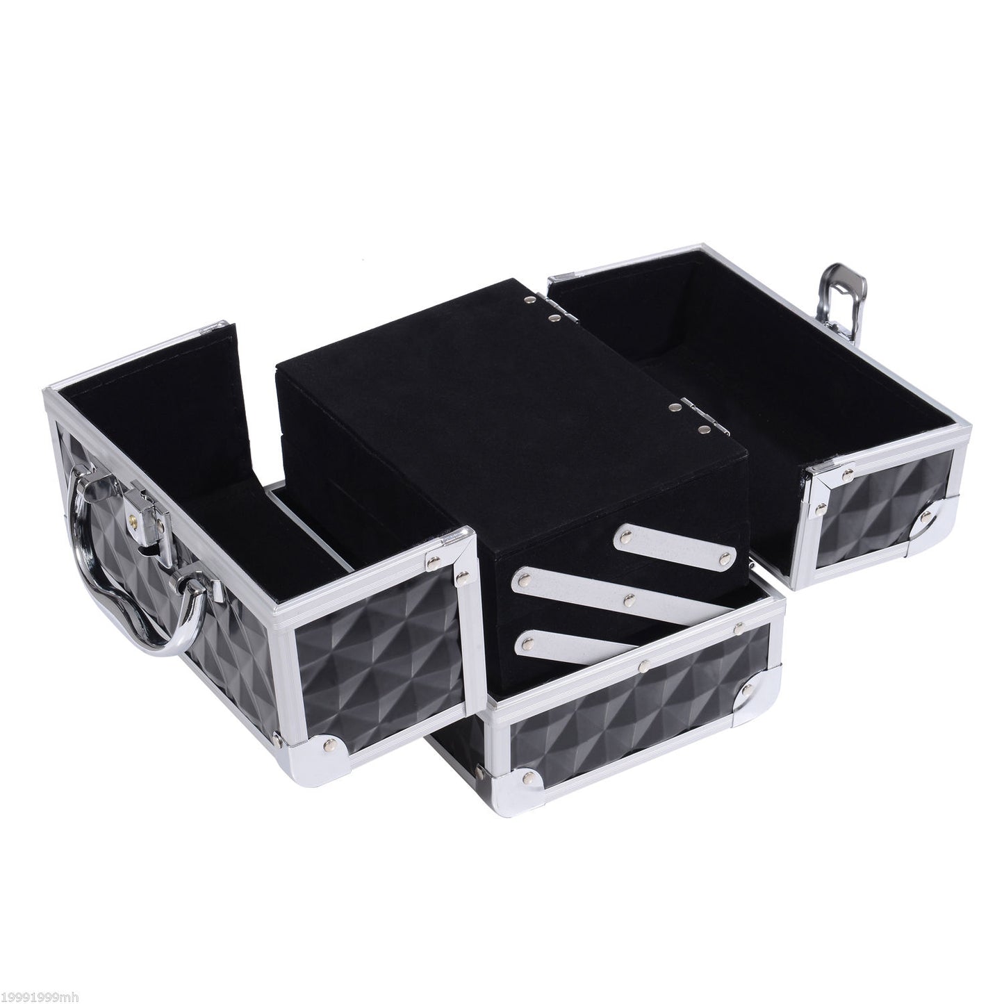 3 Tier Diamond Texture Makeup Train Case Cosmetic Organizer with Mirror, Black