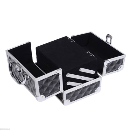 3 Tier Diamond Texture Makeup Train Case Cosmetic Organizer with Mirror, Black