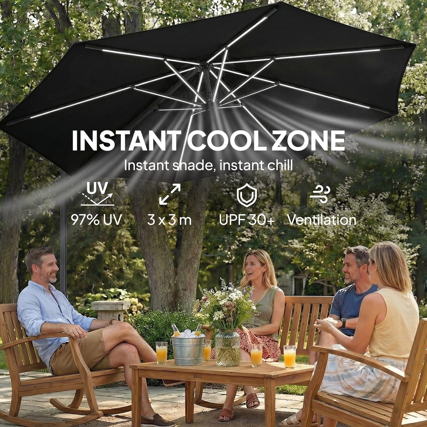 10 ft Offset Patio Umbrella with Solar Light, Garden Hanging Parasol with 360° Rotation, Tilt, Cover, Black