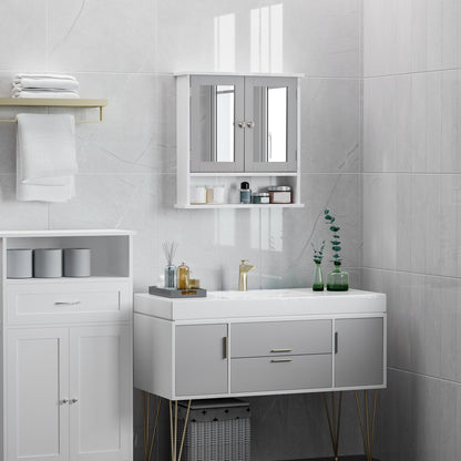 Medicine Cabinet, Wall-Mounted Bathroom Mirror Cabinet with Double Doors, Open Shelf, and Adjustable Shelf, Modern Bathroom Wall Cabinet, White and Grey