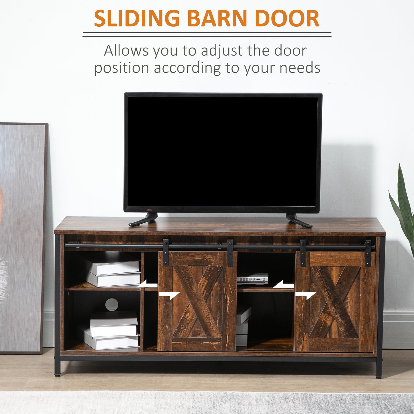 Industrial TV Stand for TVs up to 60", TV Console with Storage and 2 Sliding Barn Doors, Freestanding Entertainment Unit for Living Room, Bedroom, Brown