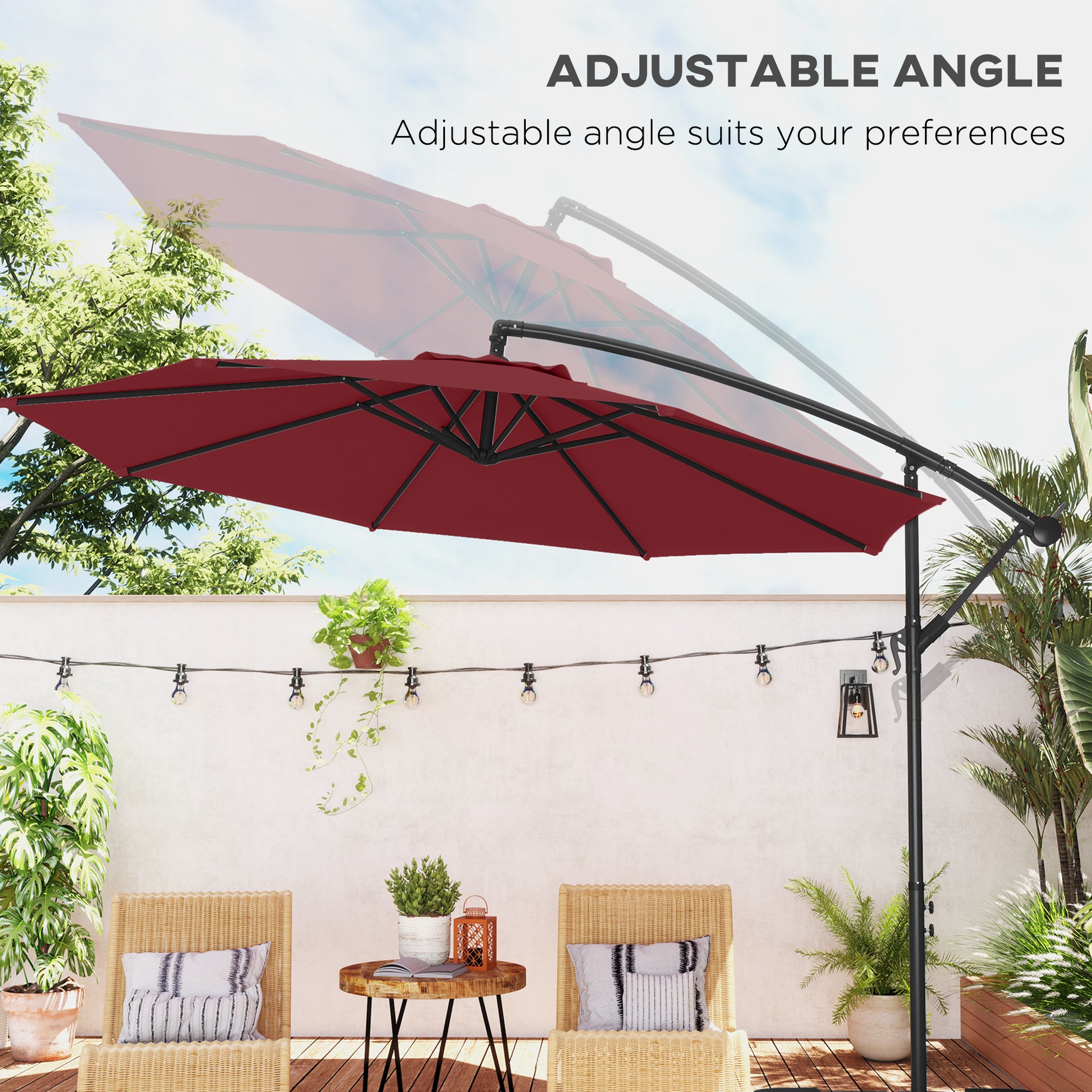 9.7ft Offset Patio Umbrella Garden Hanging Parasol Banana Cantilever Umbrella with Base, Crank, Wine Red