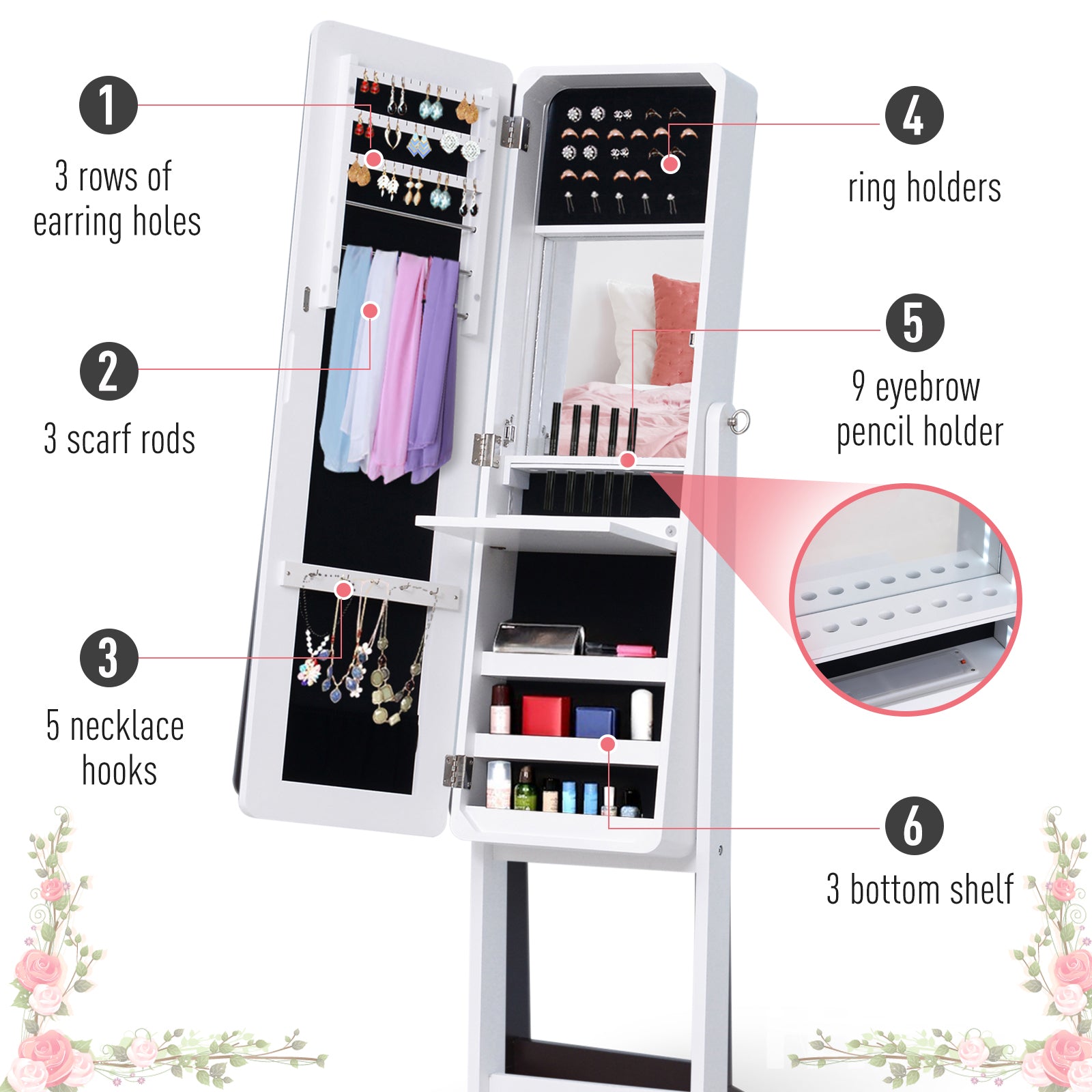 Freestanding Mirror Jewelry Cabinet Armoire, LED Lighted Jewelry Organizer with Stand, Angle Adjustable, White