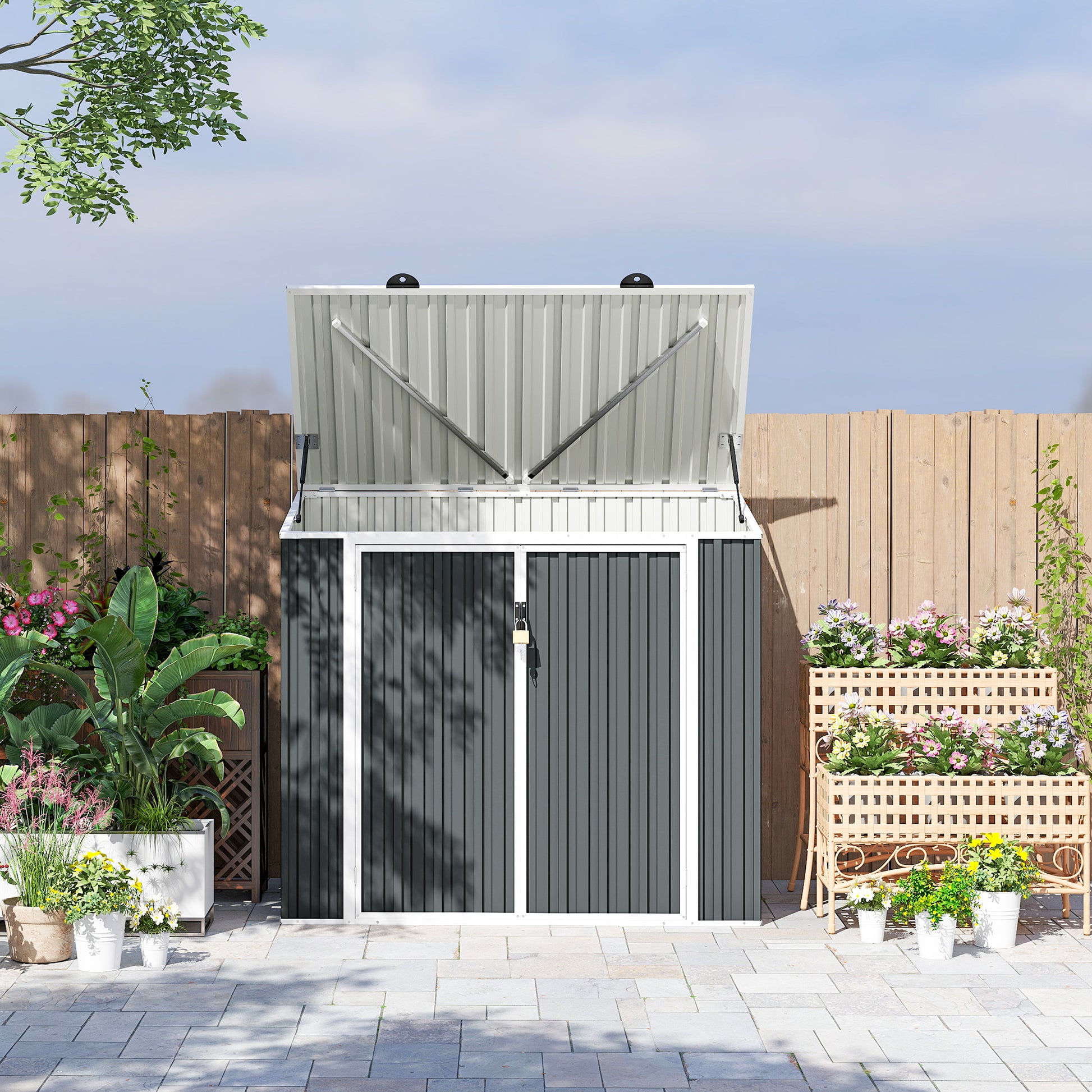 5ft x 3ft Outdoor Storage Shed, Garbage Bin Shed Organizer with Lockable Double Doors and Openable Lid