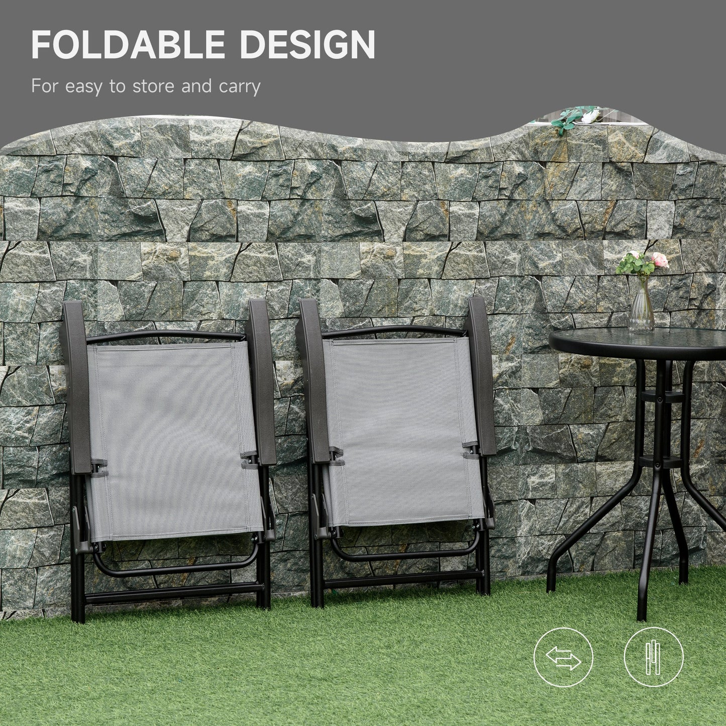 Folding Outdoor Bistro Set, Patio Table and Chairs with Reclining Backrest and Round Dining Table, Grey
