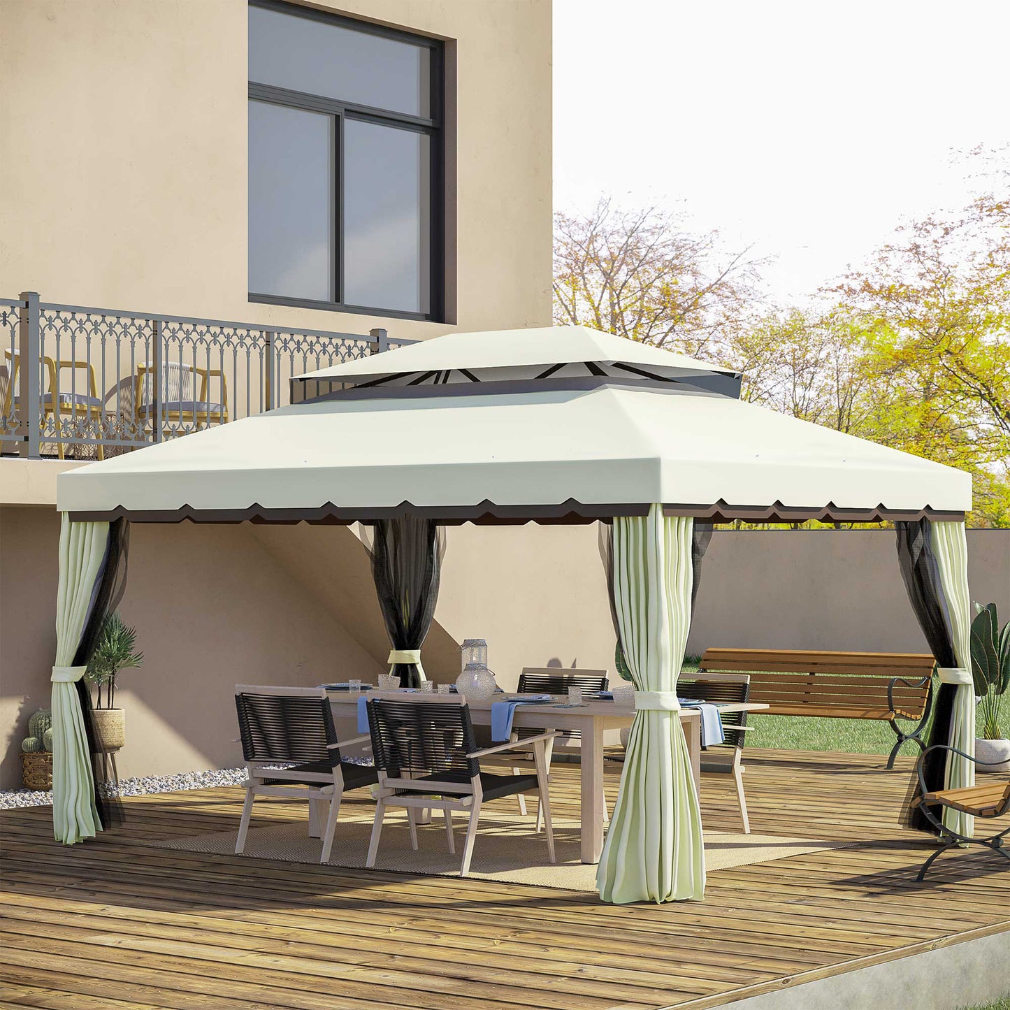 10'x13' Soft-top Aluminum Gazebo Deck Canopy Double Tier Garden Shelter with Netting and Curtains, Cream White
