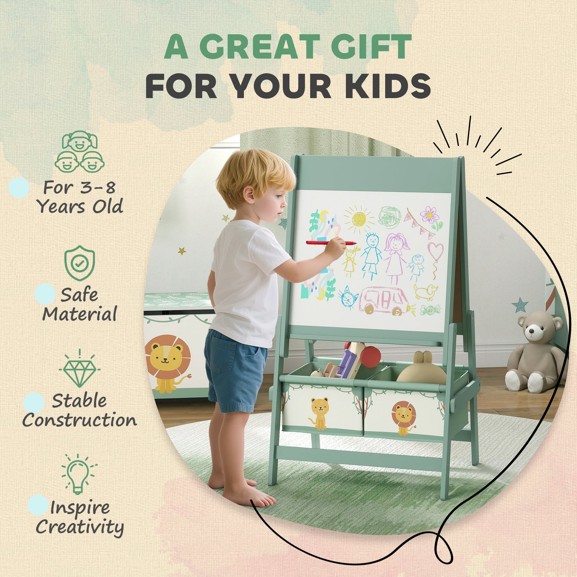 Qaba Art Easel for Kids, Double-Sided Whiteboard & Chalkboard with Paper Roll, 2 Storage Boxes, Gift for Boys, Girls, Green