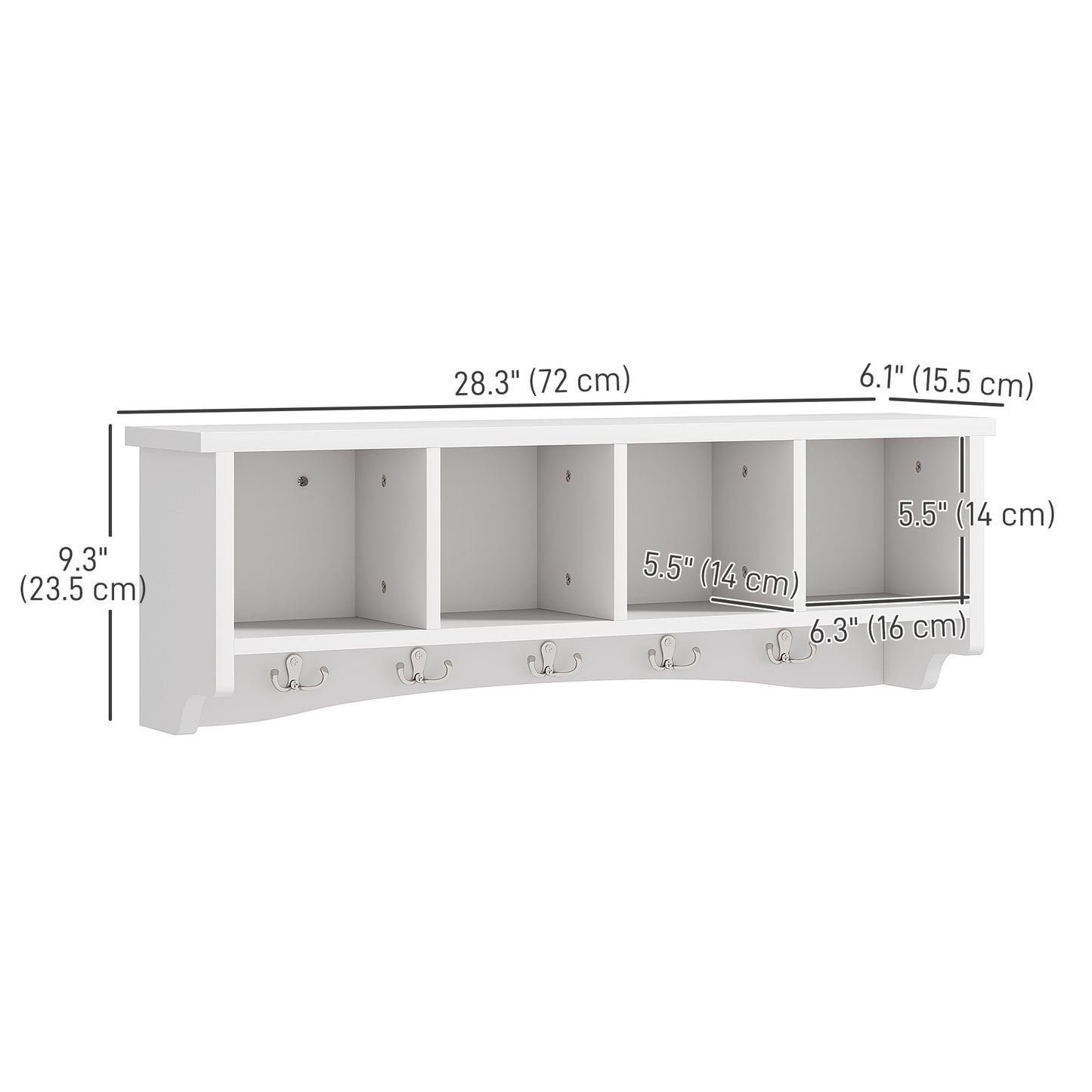 Coat Rack Wall Mount with Shelf, 28" Wall Coat Rack with 5 Hooks and 4 Compartments for Living Room, Entryway, White