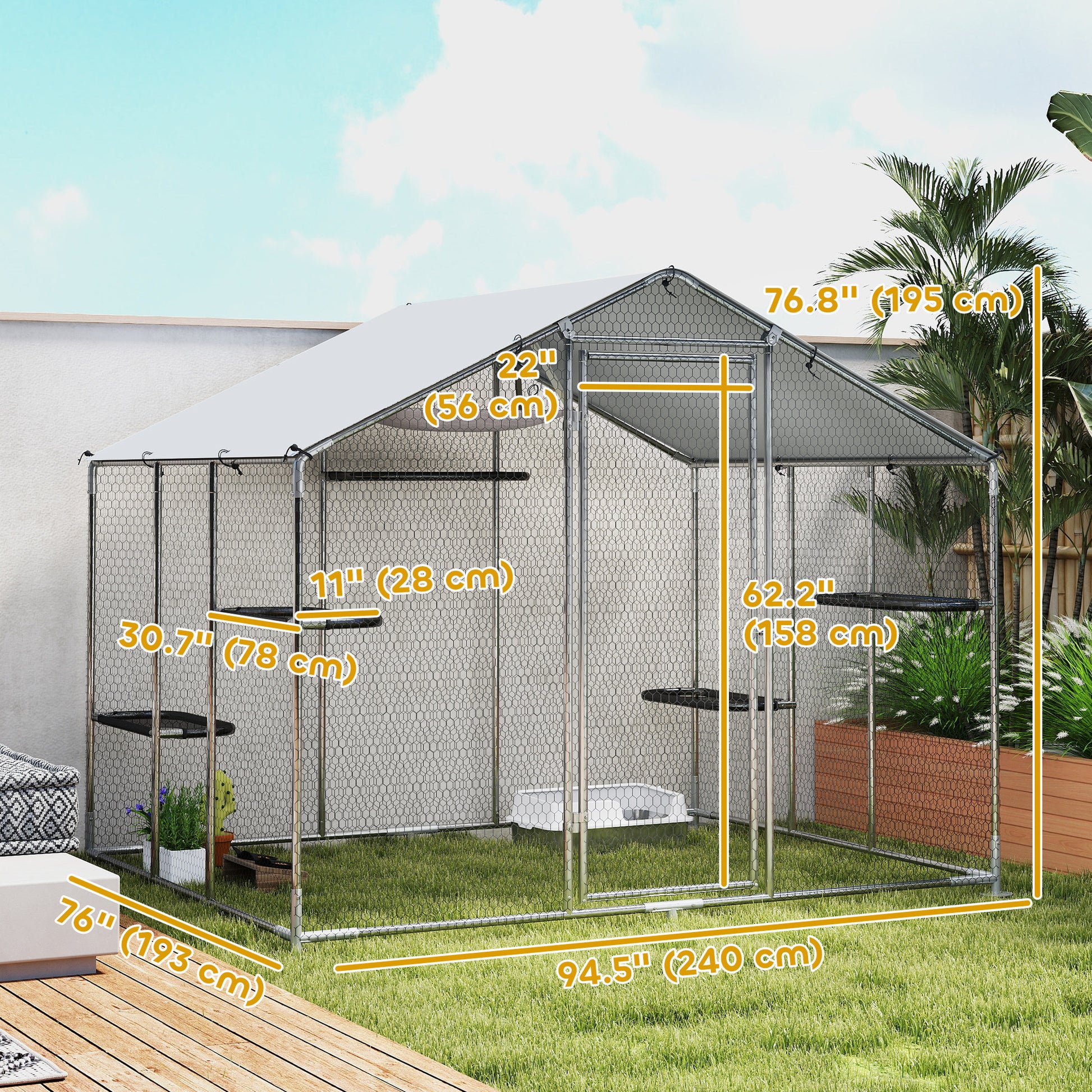 Large Catio Outdoor Cat Enclosure with Waterproof Cover, Walk-in Cat Patio w/ 5 Adjustable Platforms & Hammock 94.5" L
