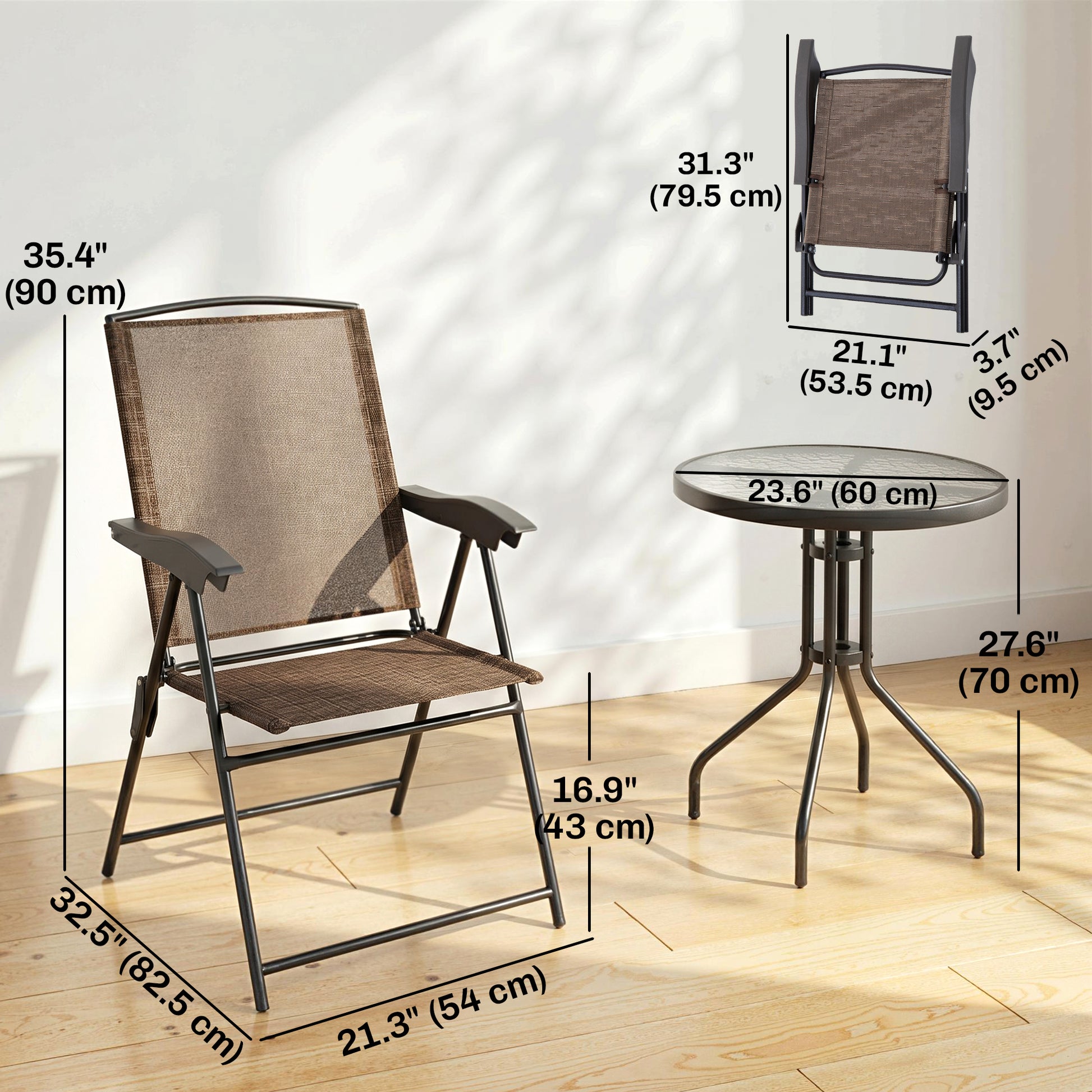 Folding Outdoor Bistro Set, Patio Table and Chairs with Reclining Backrest and Round Dining Table, Brown