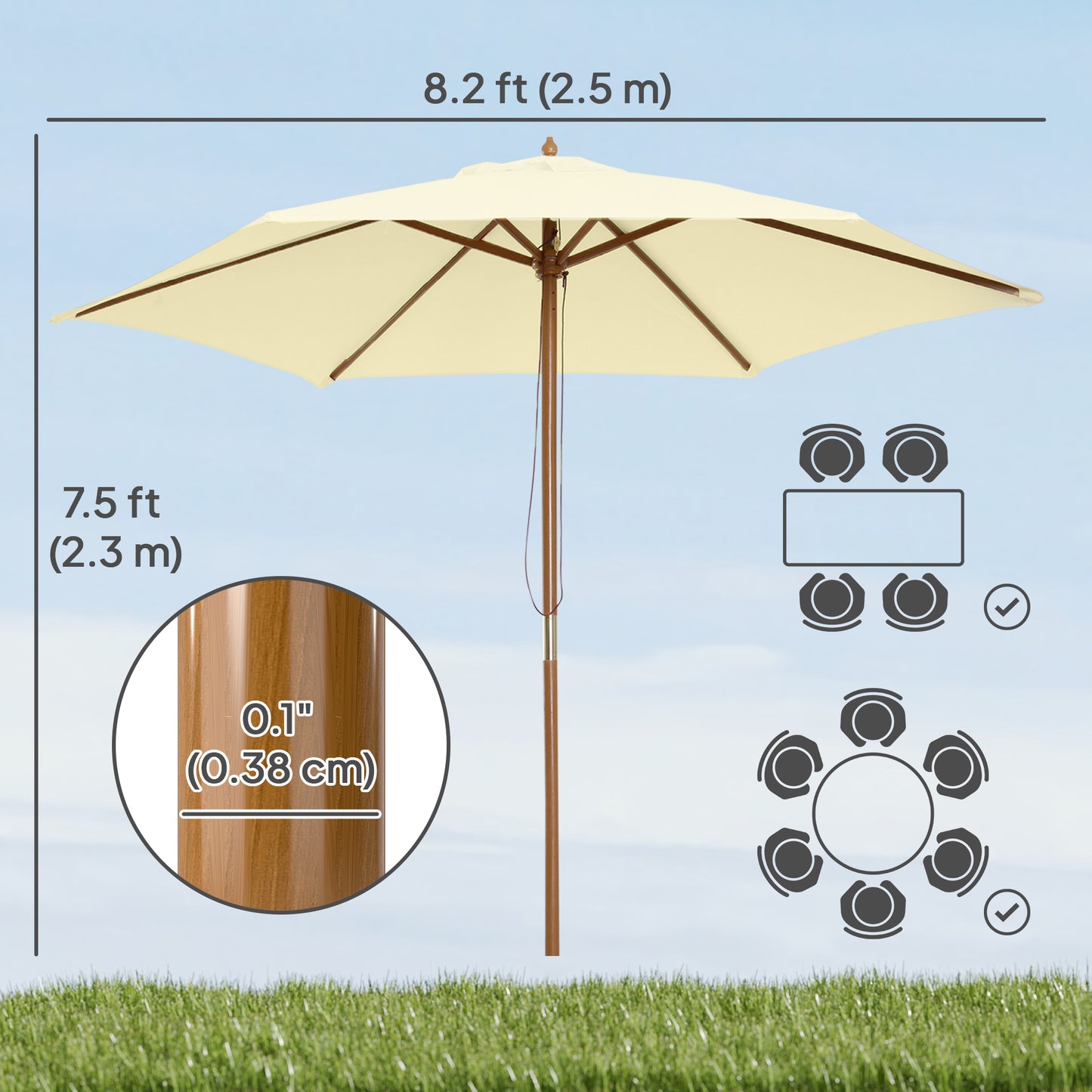 8FT Wood Market Umbrella Patio Umbrella Round Garden Parasol Canopy with Bamboo Ribs and Top Vent, Cream White