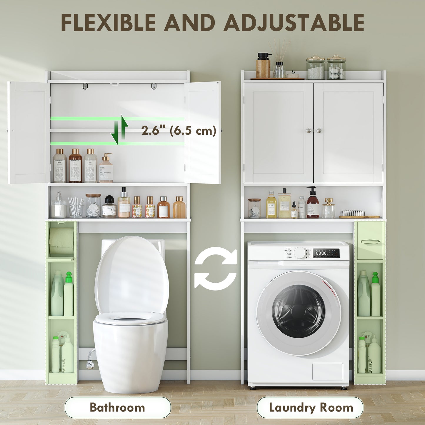 Modern Over the Toilet Storage Cabinet with 2 Doors, Above Commode Storage Cabinet with Toilet Paper Holder, White
