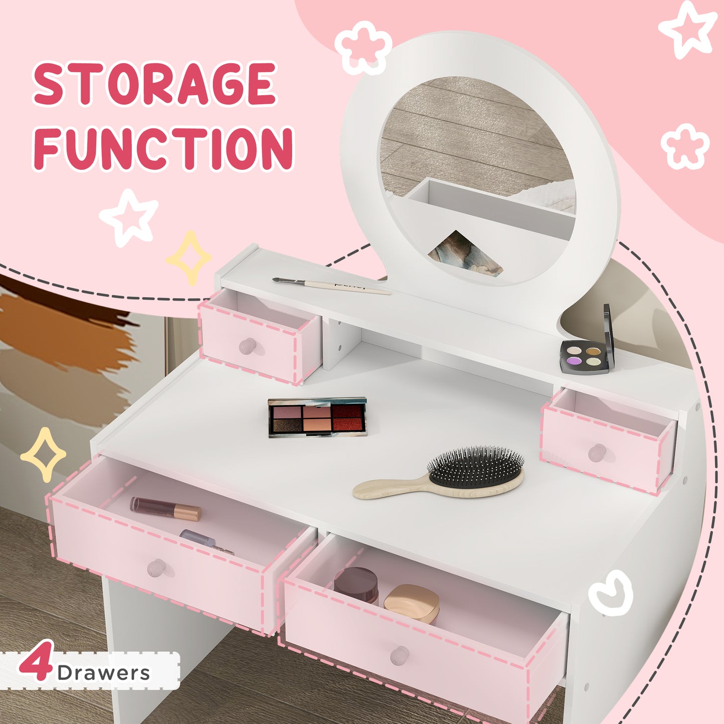 Qaba Kids Vanity Set, Children Makeup Table with Mirror, Stool and Storage Drawers, for Ages 3-8, White