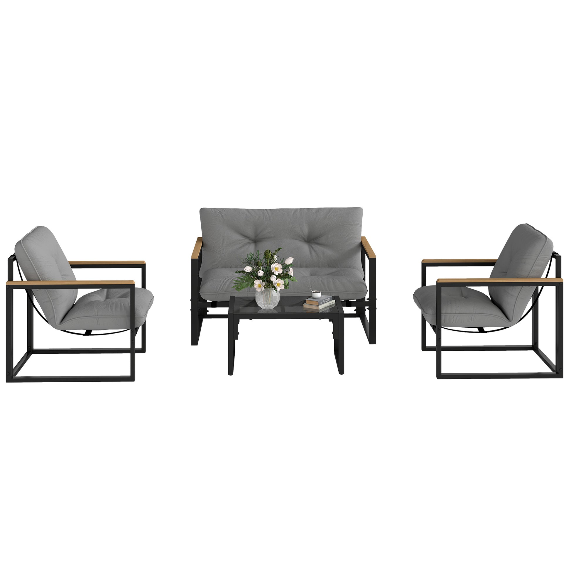4 Piece Patio Furniture Set, Outdoor Loveseat Sofa Set with Thick Cushions and Coffee Table, Light Grey