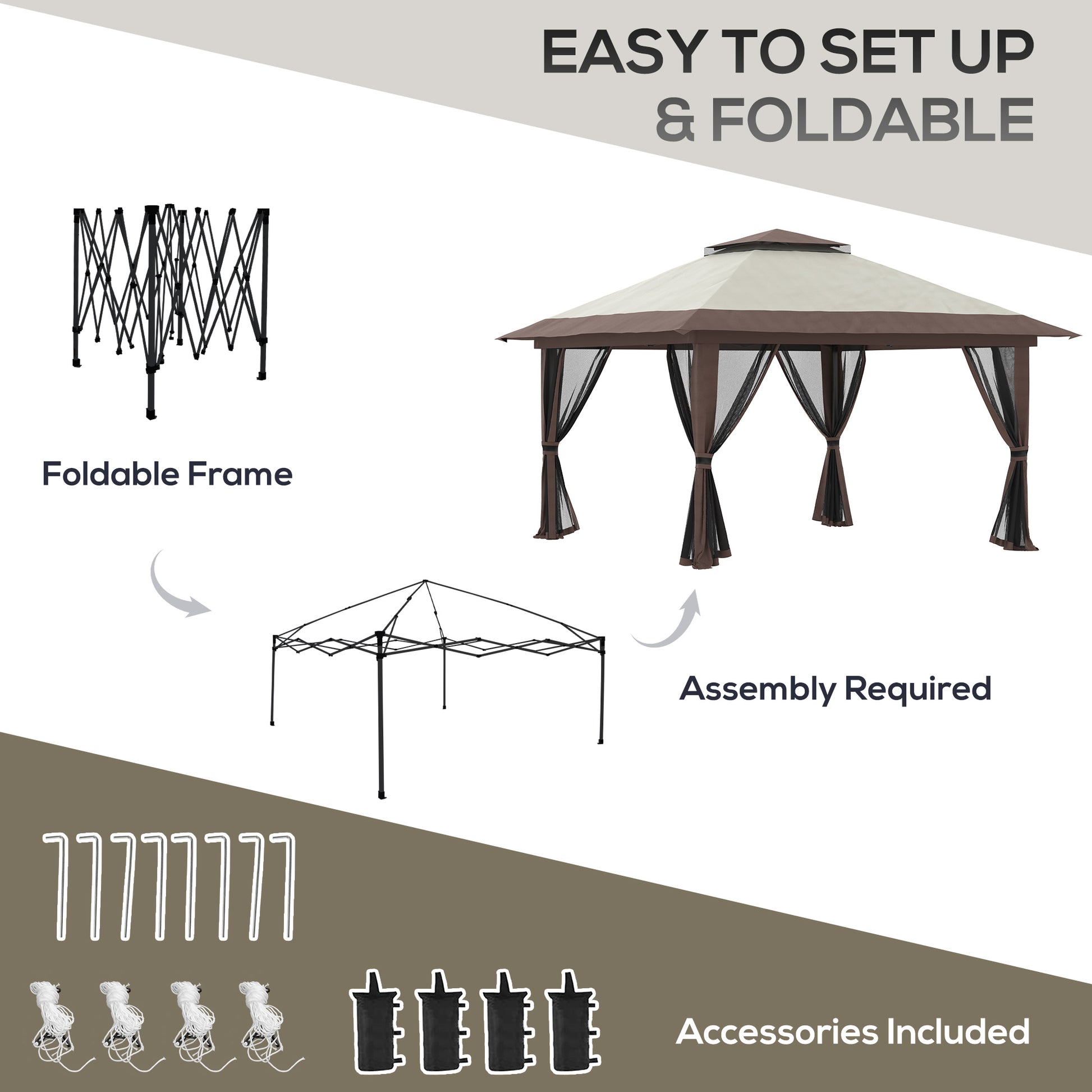 13' x 13' Pop Up Canopy, 2-Tier Roof Easy up Tent Shelter with Nettings Carry Bag Weight Bags for Garden, Patio, Beige