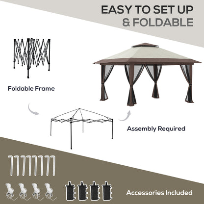 13' x 13' Pop Up Canopy, 2-Tier Roof Easy up Tent Shelter with Nettings Carry Bag Weight Bags for Garden, Patio, Beige