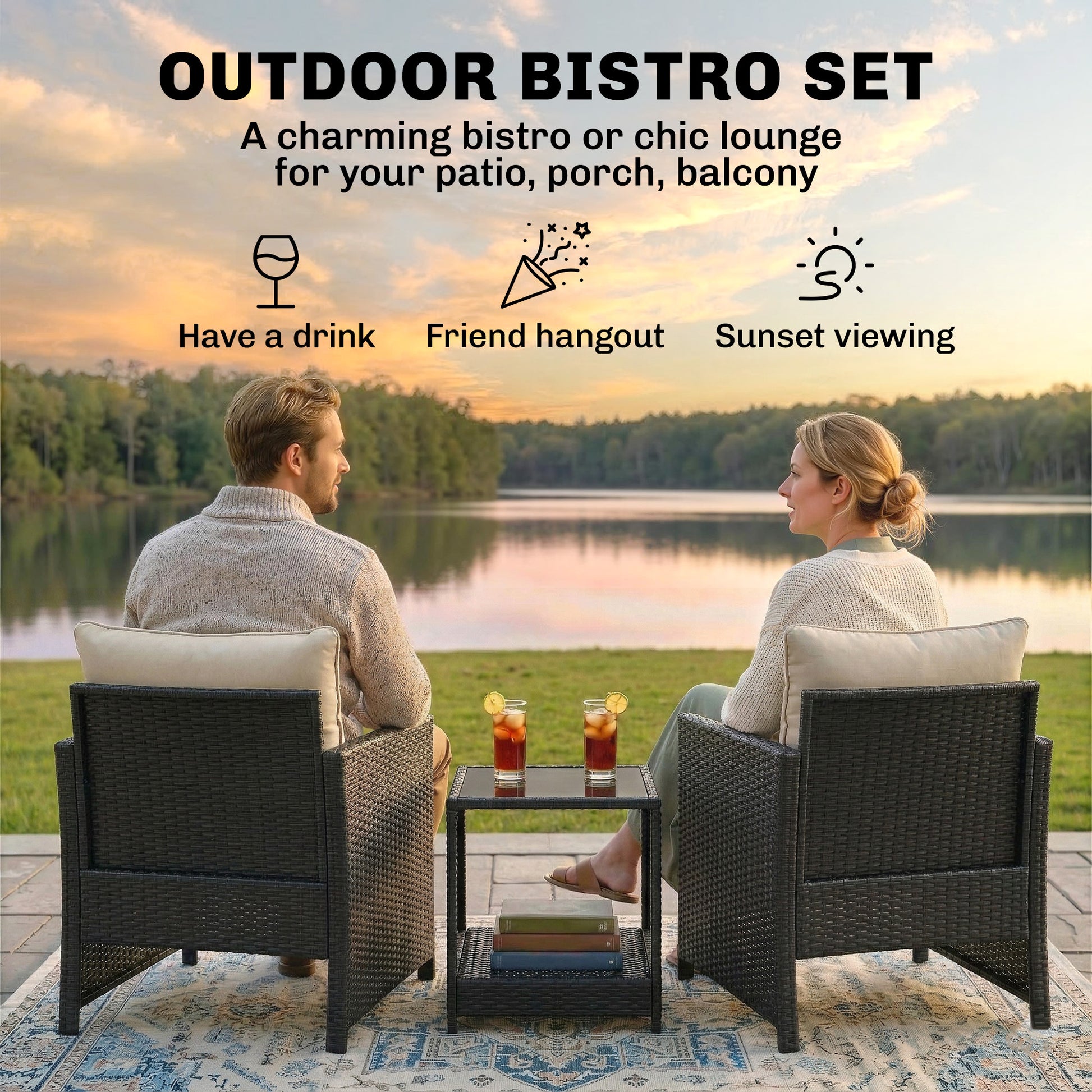 Outdoor Bistro Set, 3 Piece Wicker Patio Furniture Set with 2-Tier Glass Top Table, Cushions for Porch, Balcony, Beige