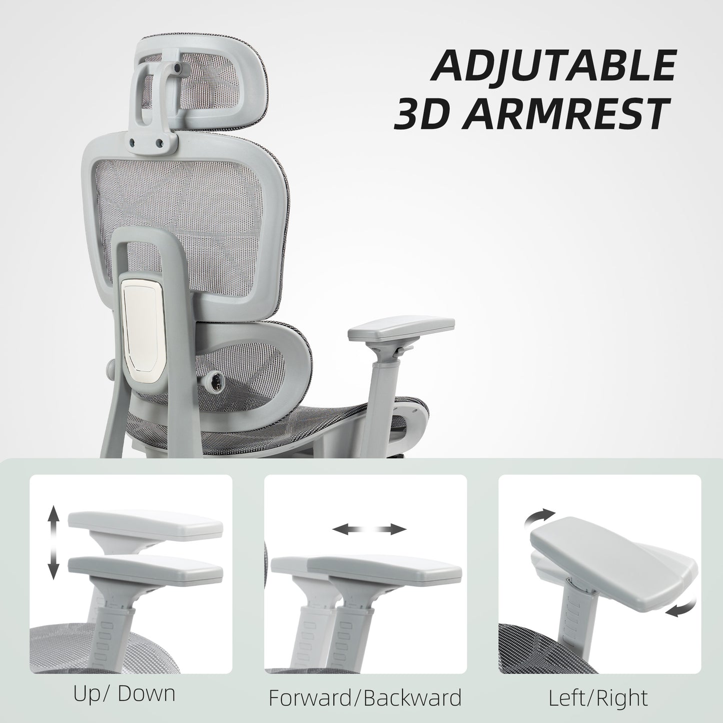 Ergonomic Office Chair with Lumbar Support, Mesh Office Chair with 3D Armrest, 135° Reclining, Adjustable Headrest, Grey