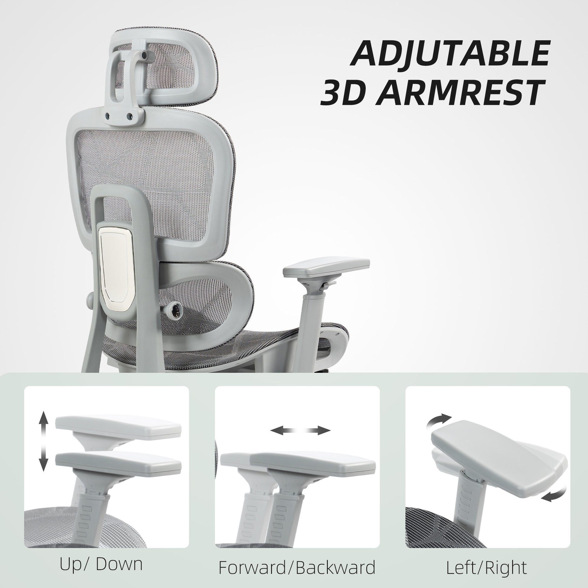 Ergonomic Office Chair with Lumbar Support, Mesh Office Chair with 3D Armrest, 135° Reclining, Adjustable Headrest, Grey