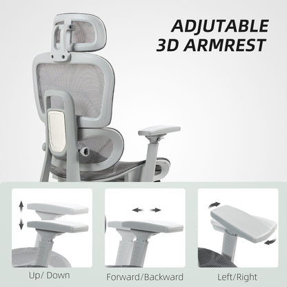 Ergonomic Office Chair with Lumbar Support, Mesh Office Chair with 3D Armrest, 135° Reclining, Adjustable Headrest, Grey