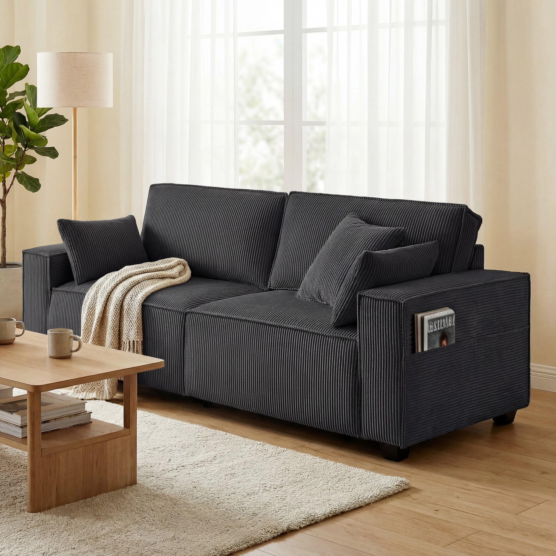 86" 3 Seater Sofa, Modern Corduroy Upholstered Couch, Dark Grey
