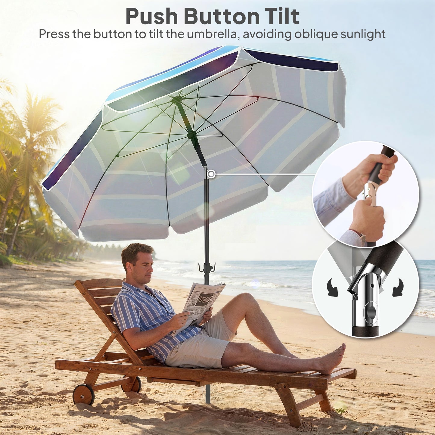 Beach Umbrella Adjustable Tilt Sunshade with Foldable Table Cup Holder 78" Multicolor