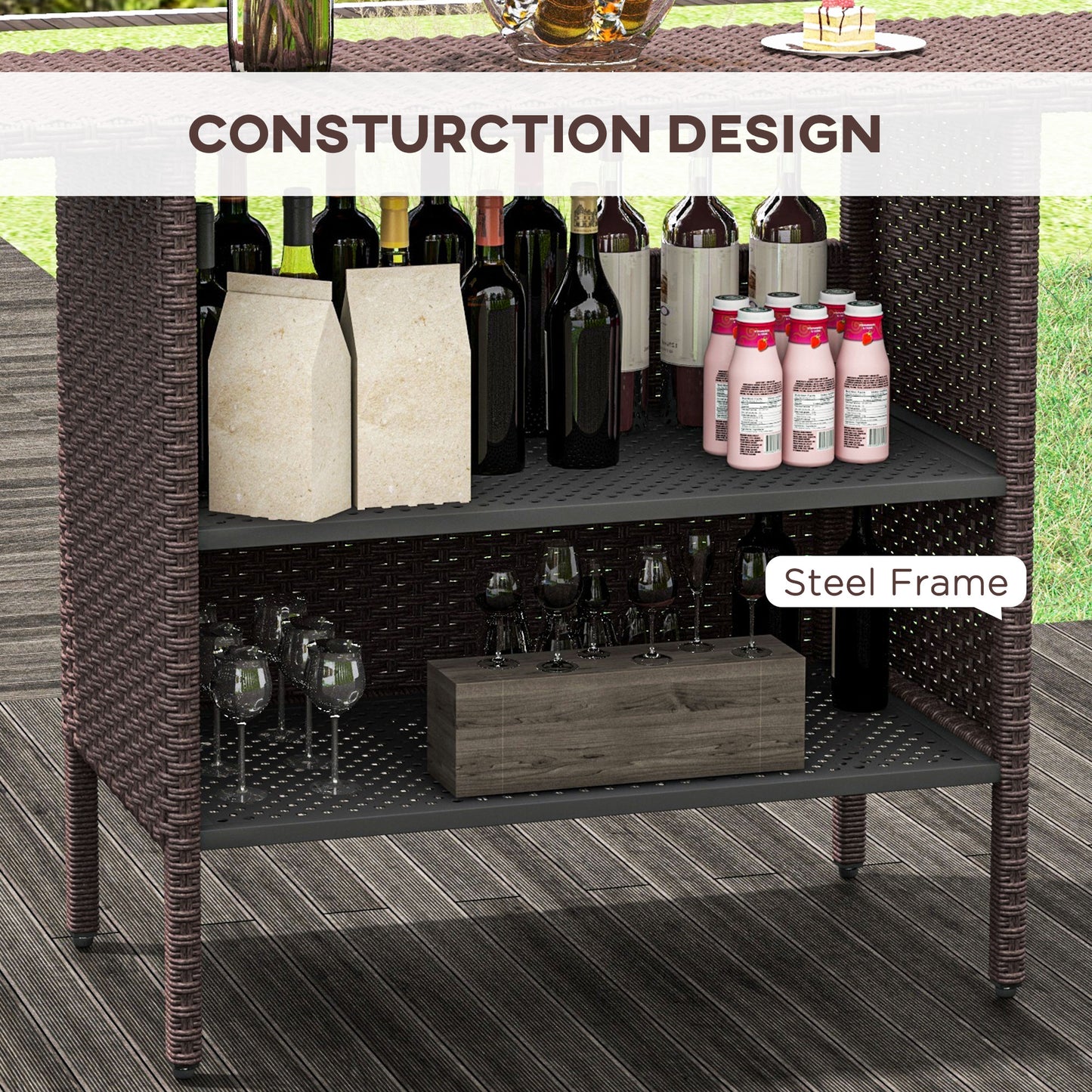 Bar Height Outdoor Rattan Table, Patio Wicker Bar Table with 2 Storage Shelves, 55.1" x 18.5" x 37", Brown
