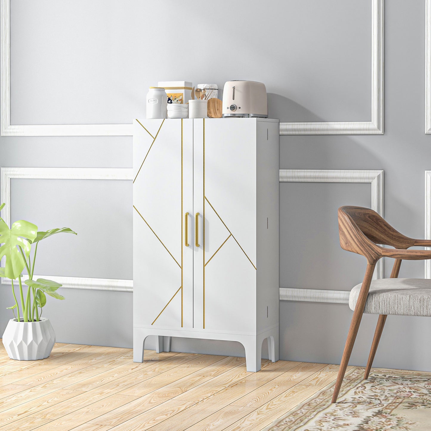 44" Storage Cabinet, 2-Door Kitchen Pantry Cabinet with 4-tier Shelving, 8 Spice Racks and Adjustable Shelves