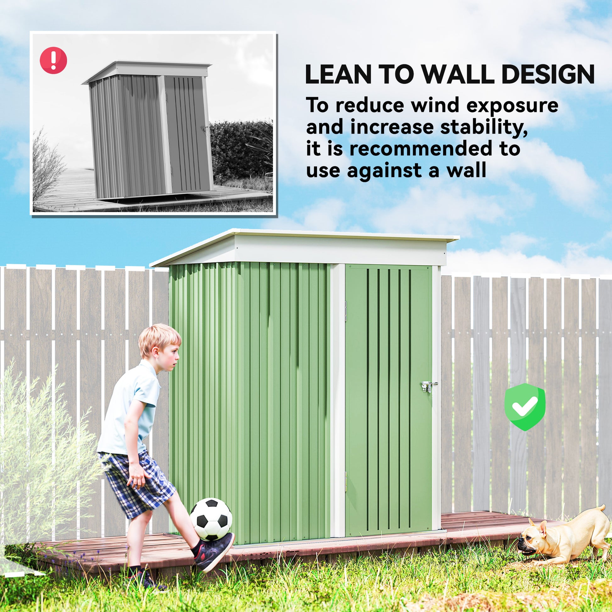 Outdoor Storage Shed, Steel Lean-to Shed with Adjustable Shelf, Lock, Gloves, 5'x3'x6', Green