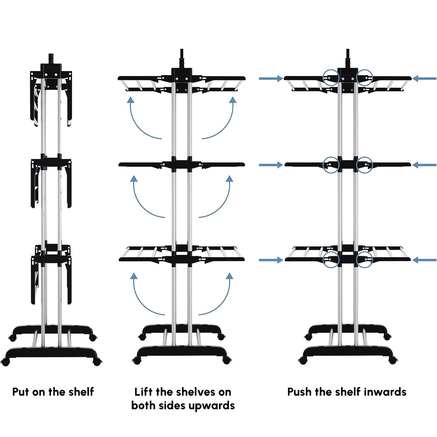 Foldable Clothes Drying Rack, 4-Tier Steel Laundry Rack for Drying Clothes with 2 Side Wings and 4 Castors, Indoor and Outdoor Use, Black