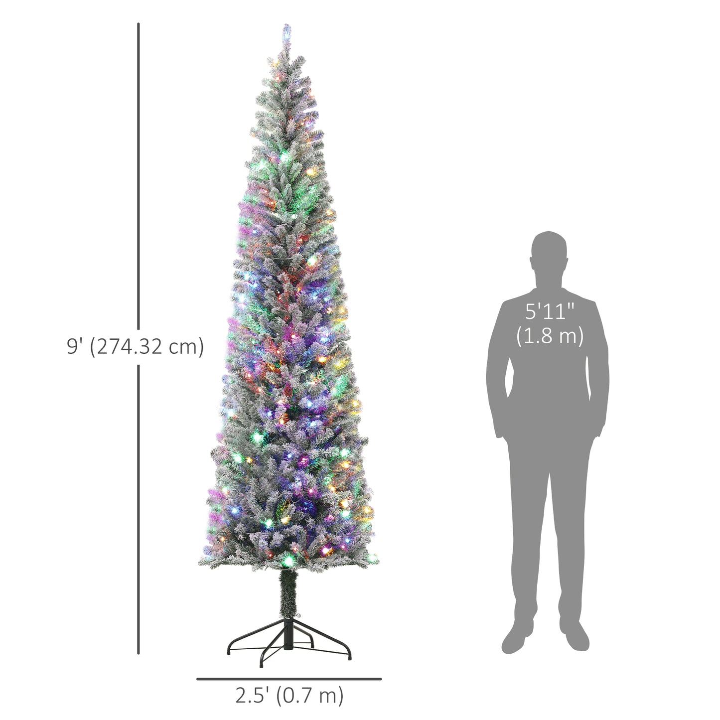 9ft Prelit Pencil Artificial Christmas Tree, Flocked Xmas Tree with Remote, Dual Colour LEDs, 895 Tips, Metal Stand