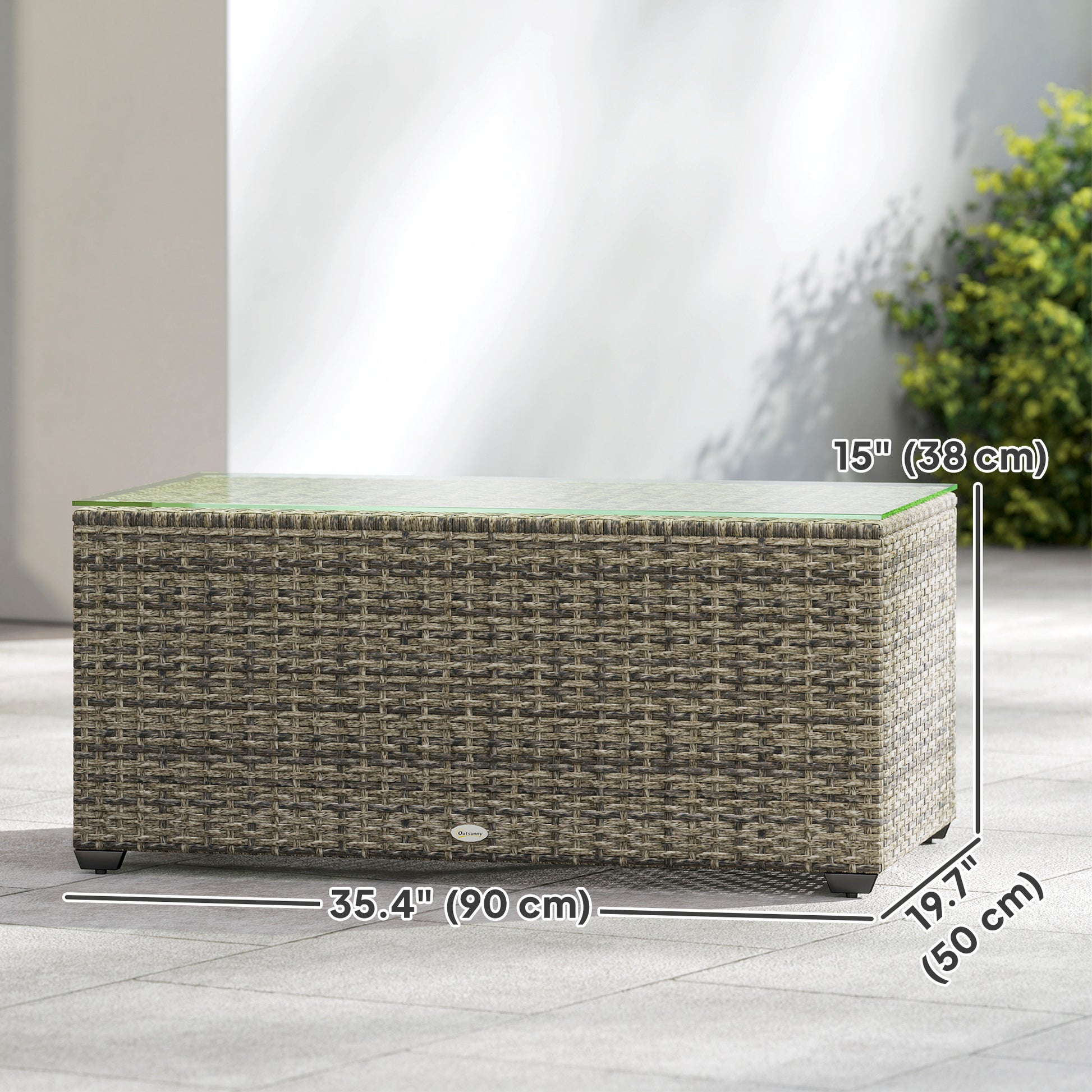 Wicker Outdoor Coffee Table, PE Wicker Rectangular Patio Table with Tempered Glass Top for Garden, Balcony, Dark Grey