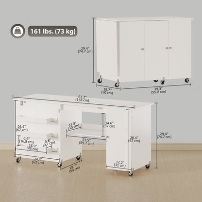Sewing Machine Table with Drop Leaf, Folding Craft Table with 2 Doors and Adjustable Shelf for Small Spaces, White